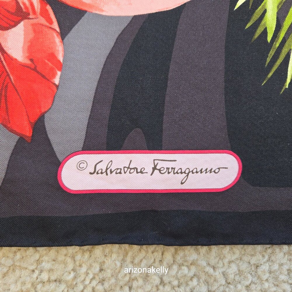 Salvatore Ferragamo Silk Scarf Hand-Rolled Hems Butterfly in Flower Garden - Picture 2 of 12